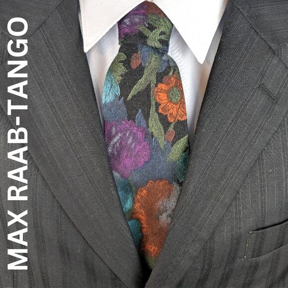 VTG 90s Max Raab Tango Tie Black Purple Orange Floral Bold Statement Piece - Picture 2 of 4